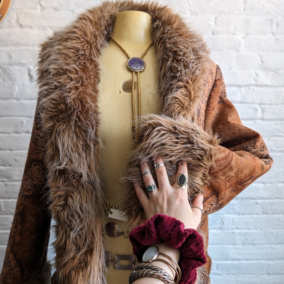 90s Vintage Penny Lane Groovy Faux Fur Jacket Shaggy Afghan Tapestry Trench Coat - Picture 3 of 8